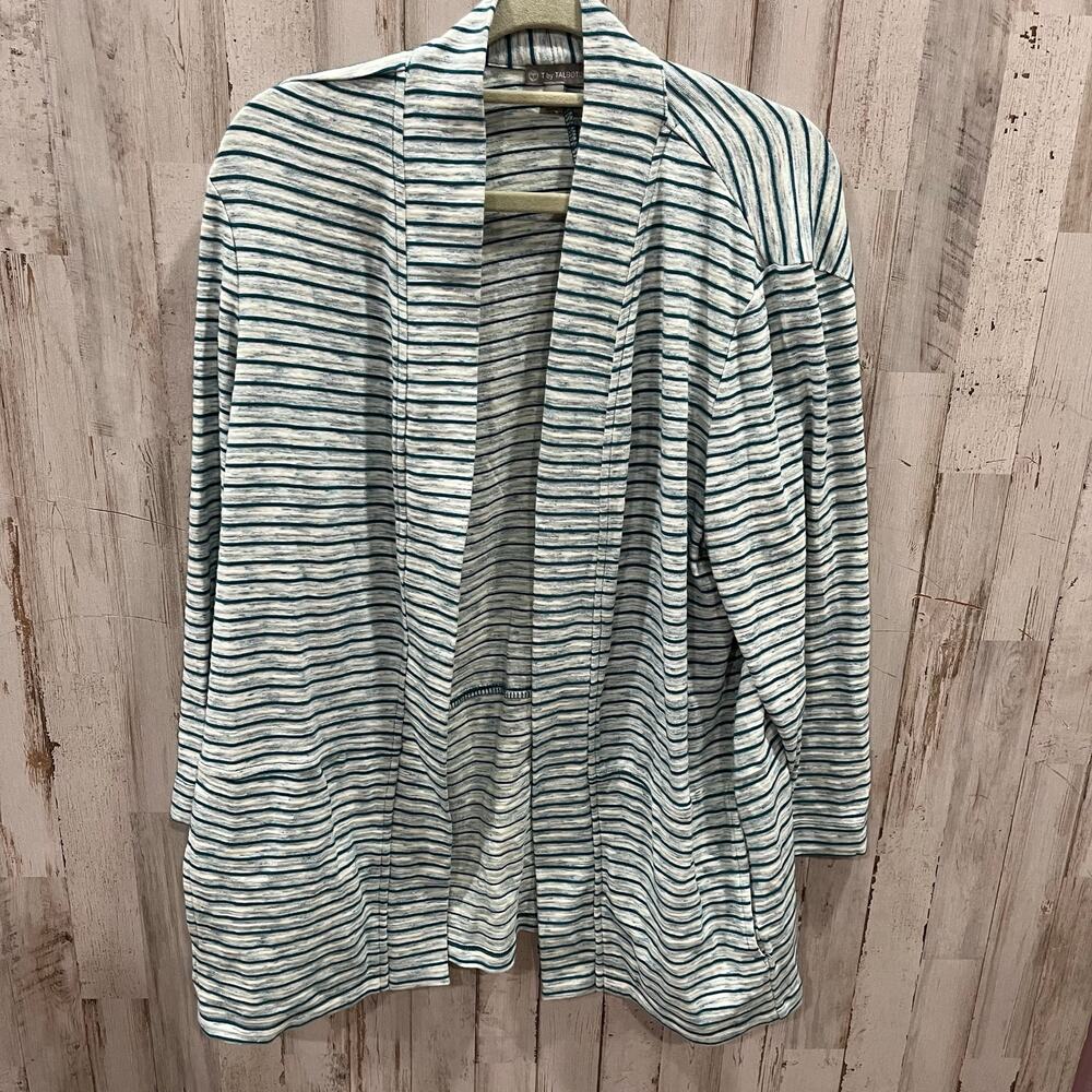 T by Talbots Women's Open Cardigan Sweater Turquoise Blue Textured Stripe Sz L